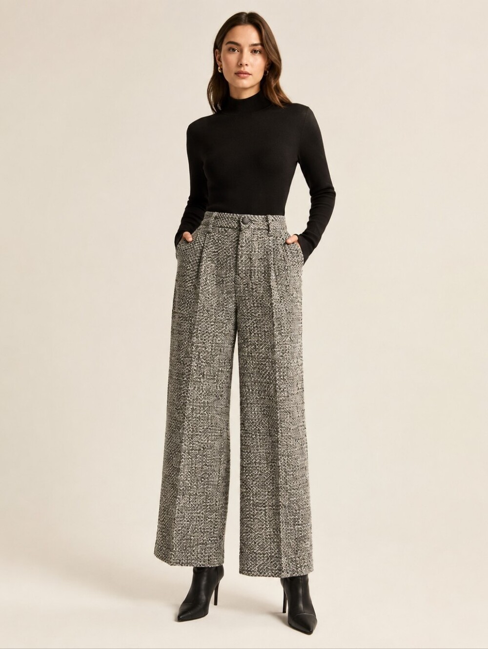 Commense Wool-Blend Tweed Wide Leg Pants Black White NWT Medium
